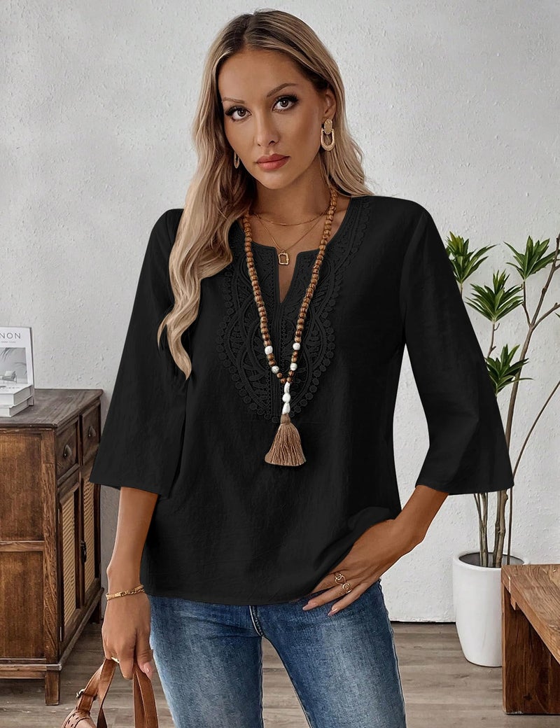 LOMON Womens 3/4 Sleeve Tops Cotton Linen Shirts V Neck Lace Casual Loose Fit Blouses Boho Fashion(Black,L) - Image 3