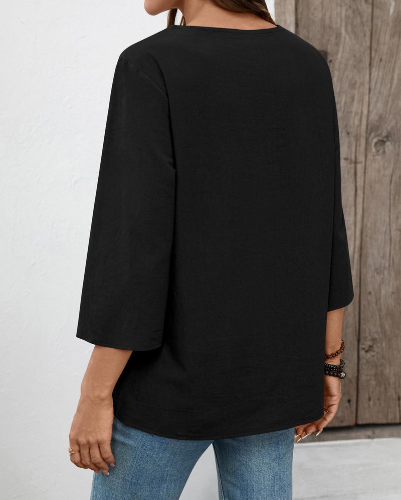 LOMON Womens 3/4 Sleeve Tops Cotton Linen Shirts V Neck Lace Casual Loose Fit Blouses Boho Fashion(Black,L) - Image 4