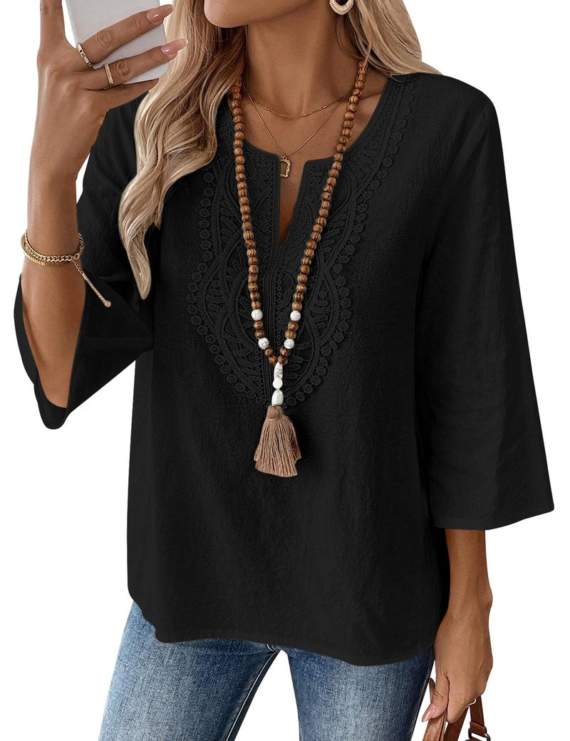 LOMON Womens 3/4 Sleeve Tops Cotton Linen Shirts V Neck Lace Casual Loose Fit Blouses Boho Fashion(Black,L) - Image 1