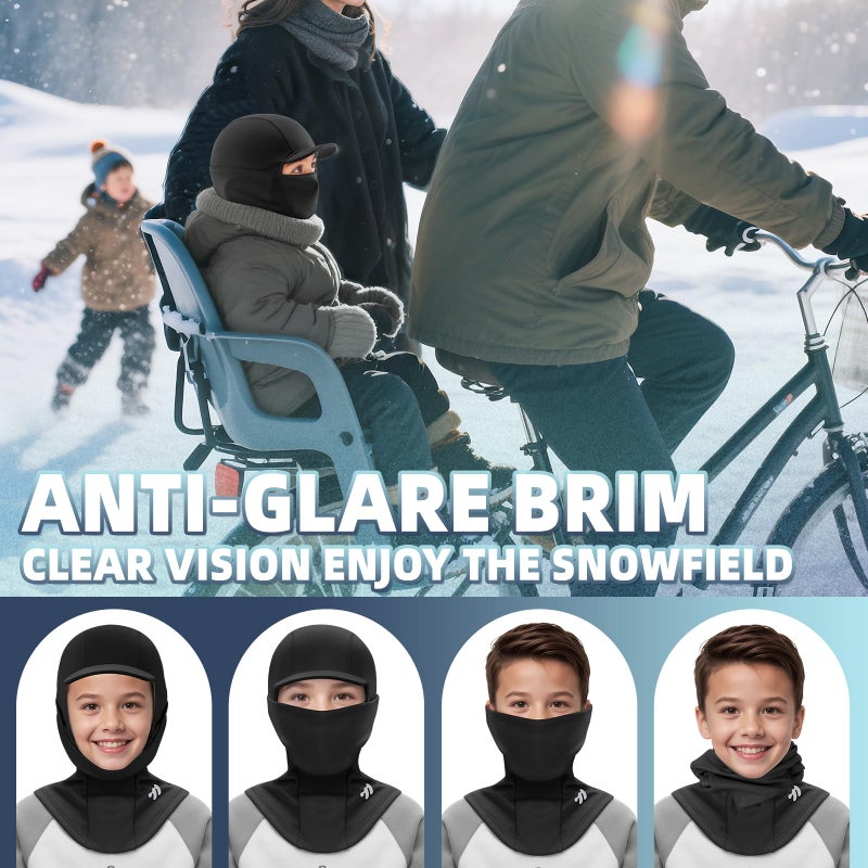 CHIMONA Kids Balaclava Ski Mask with Brim, Fleece Winter Neck Gaiter Warmer, Windproof Full Face Mask for Boys Girls, Cold Weather Black - Image 5