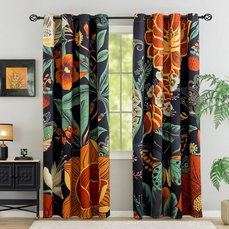Tyrot Black Boho Floral 100% Blackout Curtains for Bedroom 84 inch Long 2 Panels Vintage Botanical Black Out Curtains for Living Room Grommet Thermal Insulated Room Darkening Window Drapes,52Wx84L - Image 1