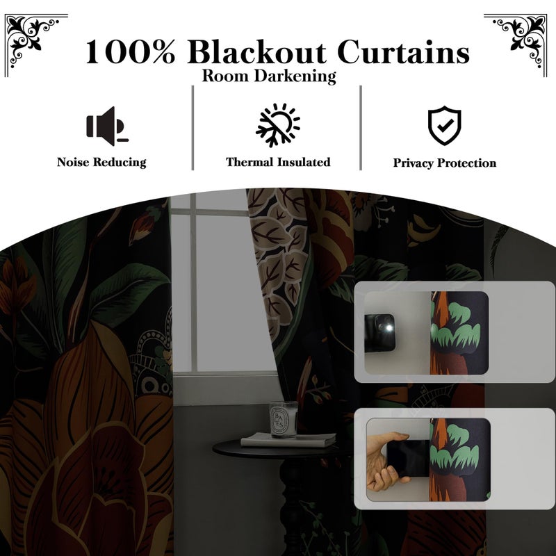 Tyrot Black Boho Floral 100% Blackout Curtains for Bedroom 84 inch Long 2 Panels Vintage Botanical Black Out Curtains for Living Room Grommet Thermal Insulated Room Darkening Window Drapes,52Wx84L - Image 3