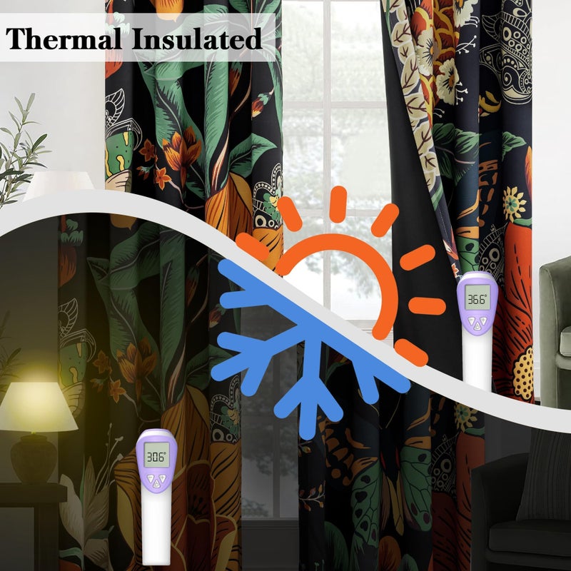 Tyrot Black Boho Floral 100% Blackout Curtains for Bedroom 84 inch Long 2 Panels Vintage Botanical Black Out Curtains for Living Room Grommet Thermal Insulated Room Darkening Window Drapes,52Wx84L - Image 5