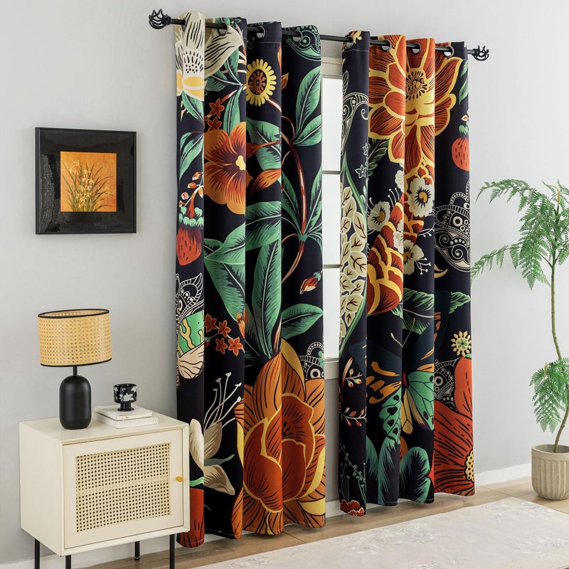 Tyrot Black Boho Floral 100% Blackout Curtains for Bedroom 84 inch Long 2 Panels Vintage Botanical Black Out Curtains for Living Room Grommet Thermal Insulated Room Darkening Window Drapes,52Wx84L - Image 2