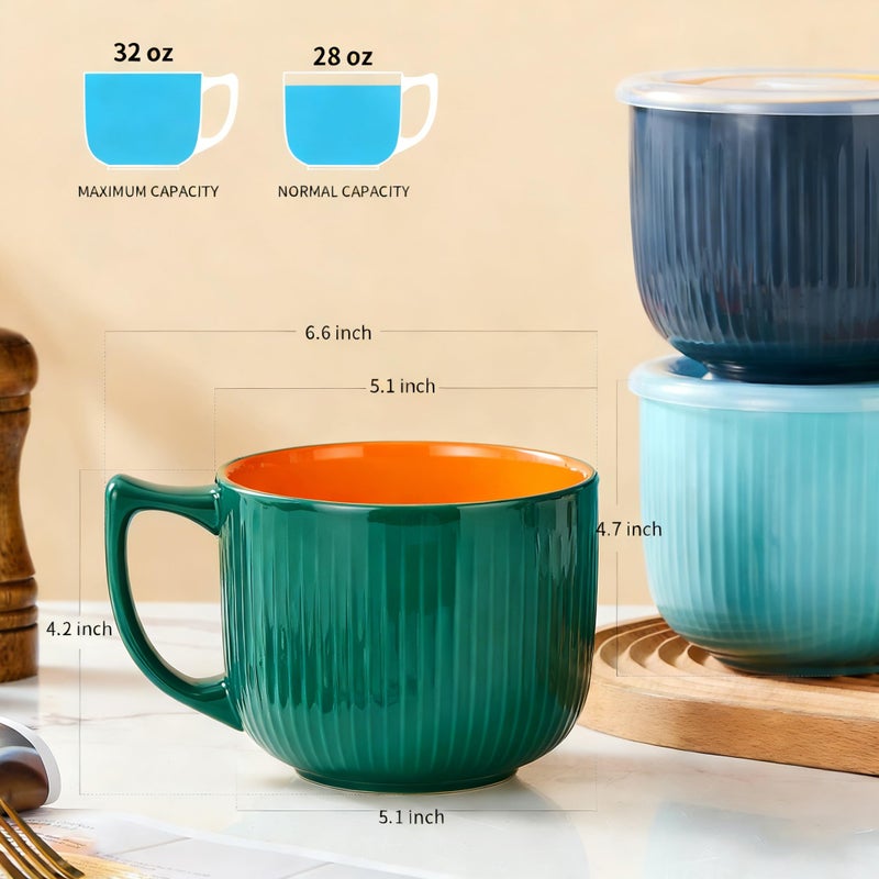 Hoilse Ceramic Soup Bowl With Handle 32Oz - Microwave Ramen Bowl With Lid  Soup Mugs & Cups For Cereal  Oatmeal  Ramen  Instant Noodle  Soup Container With Lid - Set Of 2 (Green) - Image 2