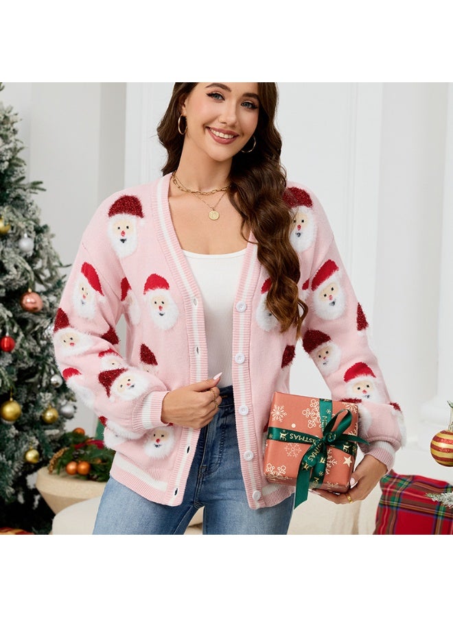NIBEMINENT Casual Women's Cardigan Autumn Winter Christmas Cartoon Jacquard Loose Fashion Sweater Knitted Long-sleeved V-neck Clothes Coat - Image 1