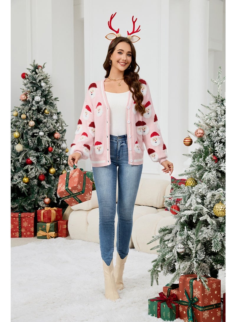 NIBEMINENT Casual Women's Cardigan Autumn Winter Christmas Cartoon Jacquard Loose Fashion Sweater Knitted Long-sleeved V-neck Clothes Coat - Image 2