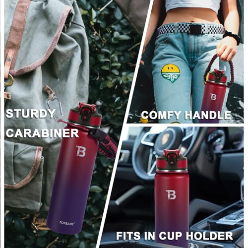 TOPBADE Insulated Water Bottle With 2 Lids Straw Lid Spout Lid Stainless Steel Water Bottle with Paracord Handle Wide Mouth Double Wall SweatProof BPAFree RED BLUE - Image 3