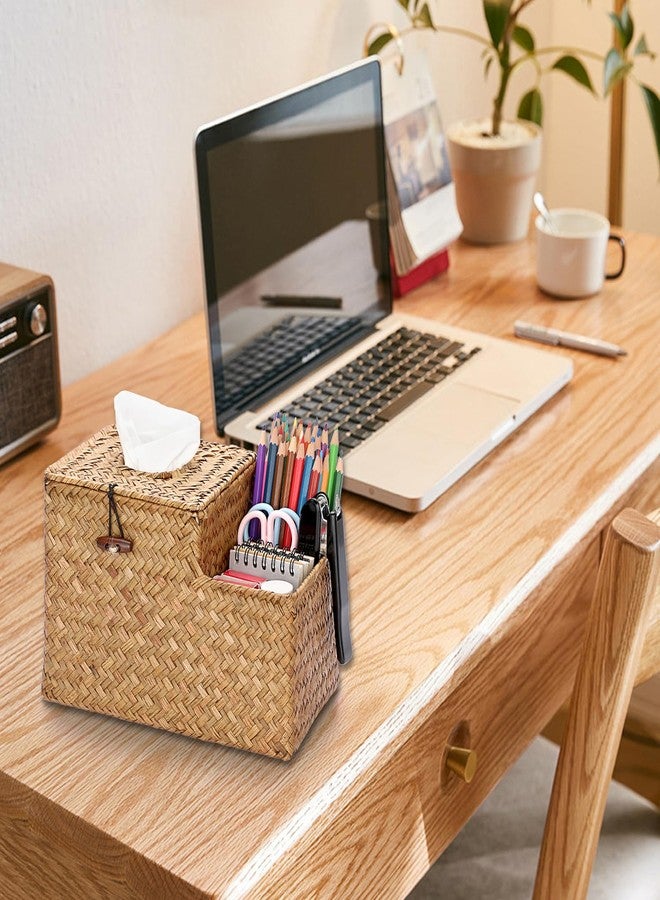 Sumnacon Square Woven Tissue Box Cover - Decorative Cube Tissue Box with Side Organizer, Rustic Seagrass Tissue Holder for Living Room Vanity Night Stand Table Countertop Office,Caramel - Image 2