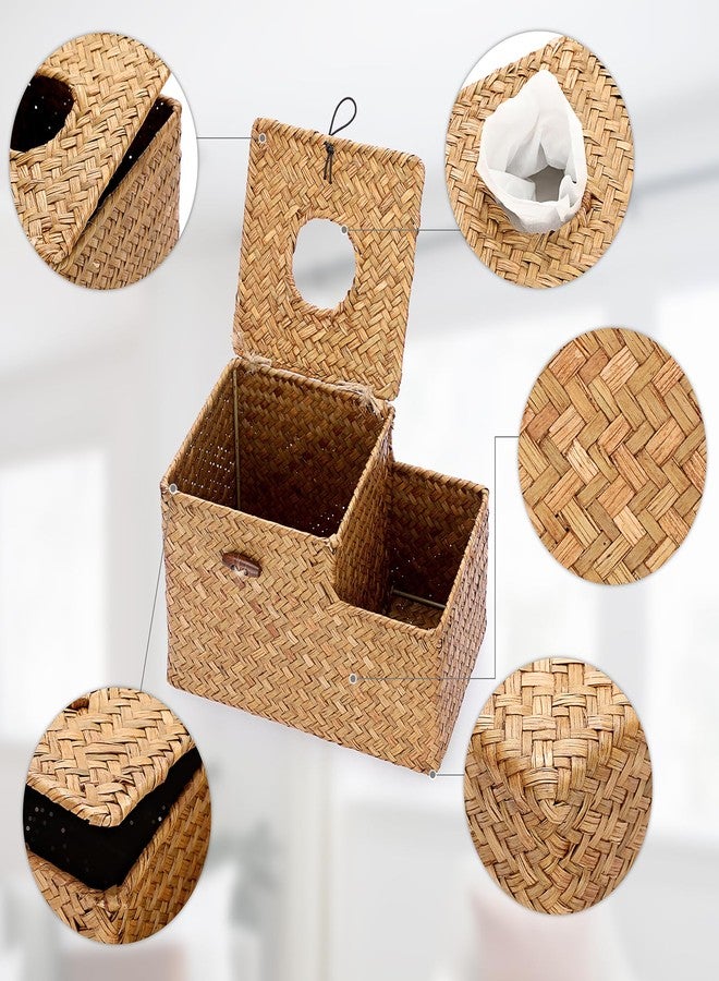 Sumnacon Square Woven Tissue Box Cover - Decorative Cube Tissue Box with Side Organizer, Rustic Seagrass Tissue Holder for Living Room Vanity Night Stand Table Countertop Office,Caramel - Image 4