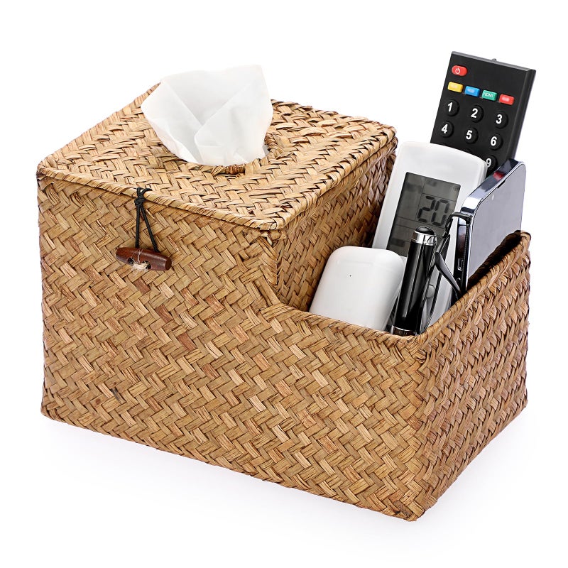 Sumnacon Square Woven Tissue Box Cover - Decorative Cube Tissue Box with Side Organizer, Rustic Seagrass Tissue Holder for Living Room Vanity Night Stand Table Countertop Office,Caramel - Image 1