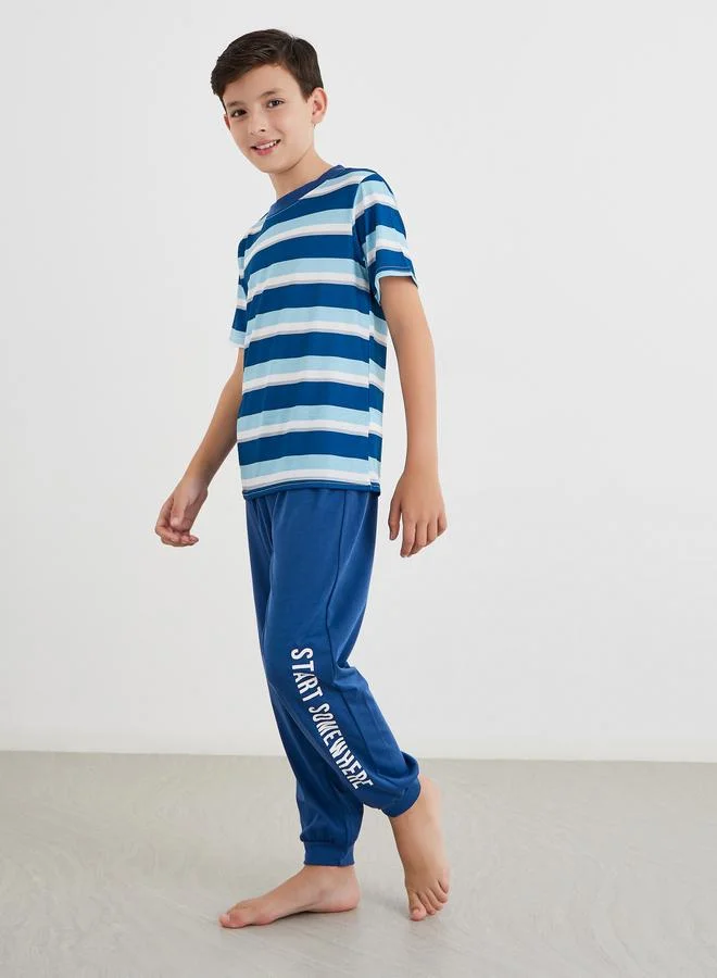 ستايلي Styli Striped T-Shirt and Printed Joggers Set