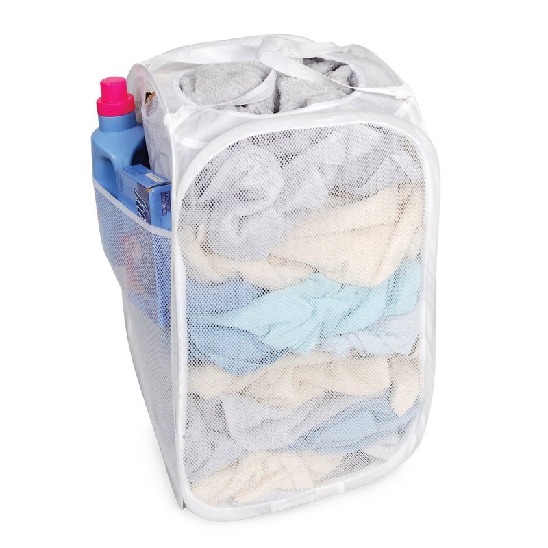 Smart Design Deluxe Mesh Pop Up Square Laundry Hamper w/ Side Pocket & Handles - VentilAir Fabric Collapsible Design - for Clothes & Laundry - Home - (Holds 2 Loads) (14 x 23 Inch) [White] - Image 5