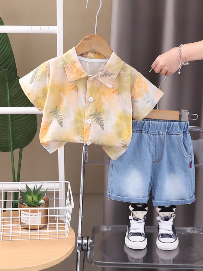 Boys' Summer Handsome Suit 2025 Children'S Baby Fashion Full Print Leaf Shirt Two-Piece Fashionable Set - Image 5