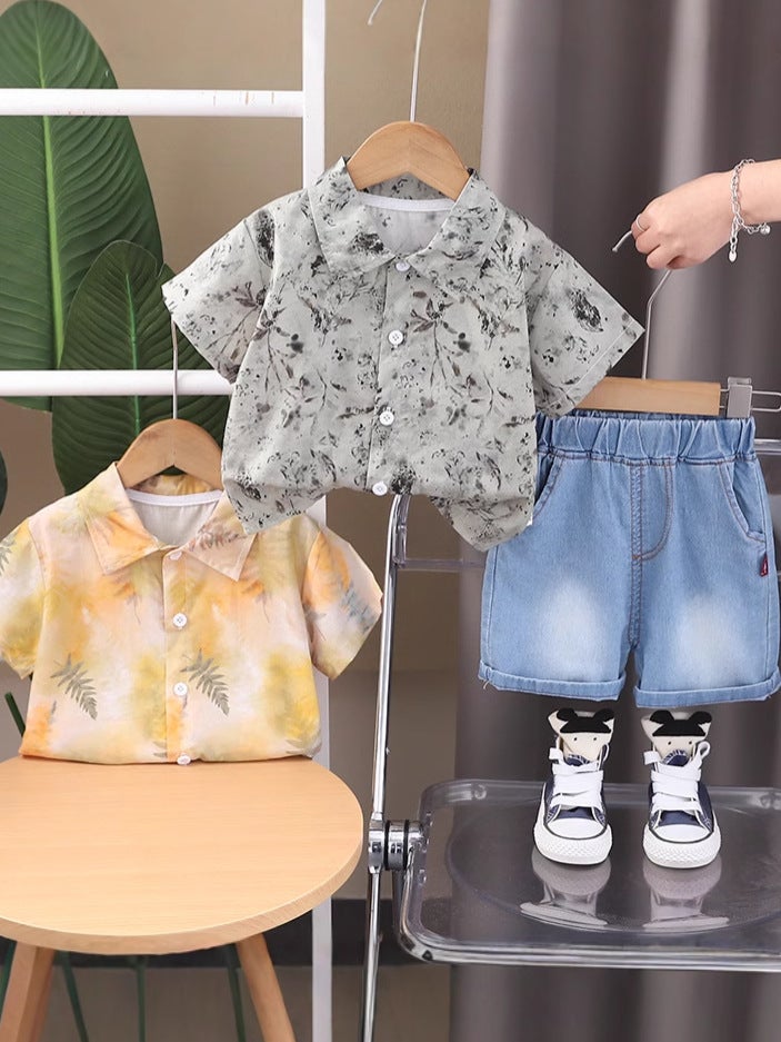 Boys' Summer Handsome Suit 2025 Children'S Baby Fashion Full Print Leaf Shirt Two-Piece Fashionable Set - Image 2