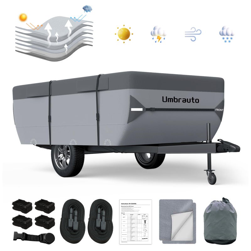 Umbrauto Pop Up Folding Camper Cover Fits 1012 Upgraded 7 Layers Top Tent Trailer Cover Waterproof Extra Thick Polypropylene Breathable Ripstop Pop Up Folding Trailer Cover