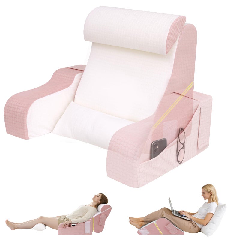ESUERDO 5PCS Reading Pillow for Sitting in Bed Adult, 2 in 1 Foldable Back Wedge Pillow for Sleep, Ergonomic Back Support Pillow with Arms for Watching TV, Gaming, Working, Recovery, 19â€ Pink - Image 1