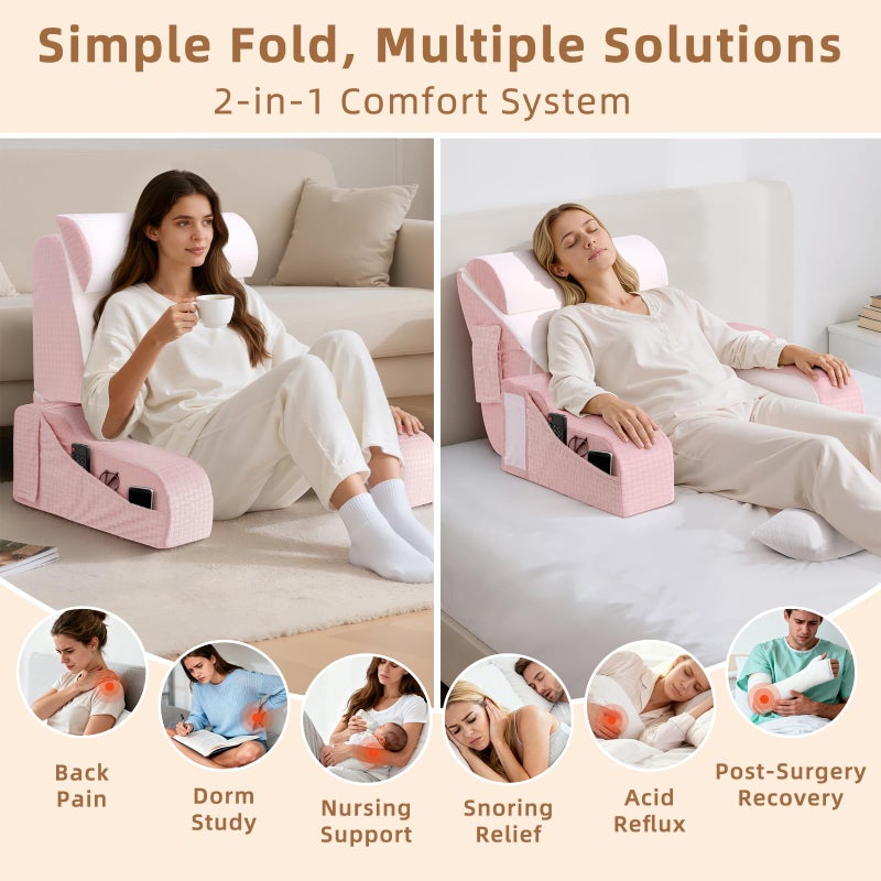 ESUERDO 5PCS Reading Pillow for Sitting in Bed Adult, 2 in 1 Foldable Back Wedge Pillow for Sleep, Ergonomic Back Support Pillow with Arms for Watching TV, Gaming, Working, Recovery, 19â€ Pink - Image 2