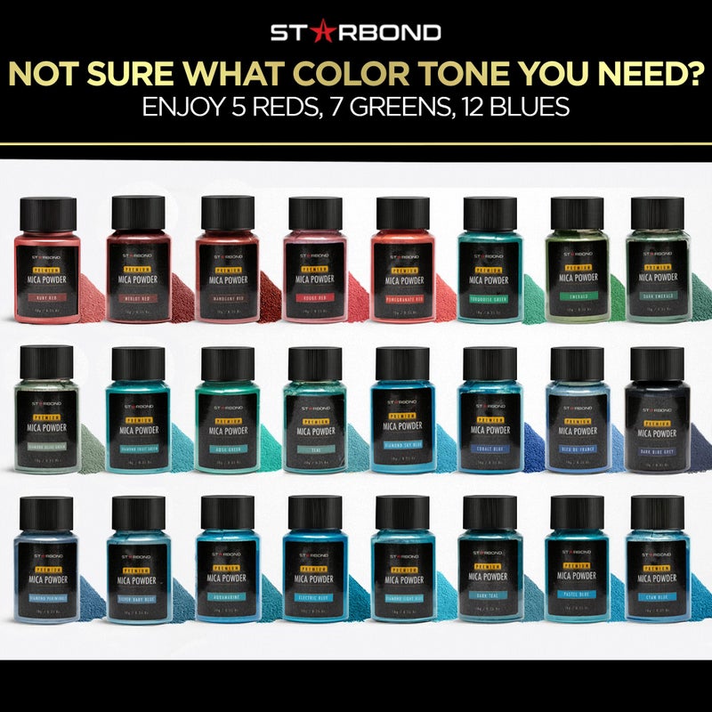 Starbond Mica Powder 24-Color Set â€” 5 Reds, 7 Greens, 12 Blues Natural Pigment Tones â€” for Epoxy Resin, Candle & Soap Making, Acrylic Paint, Wood Inlays, DIY Crafts & Nail Art (10g Jars) - Image 5