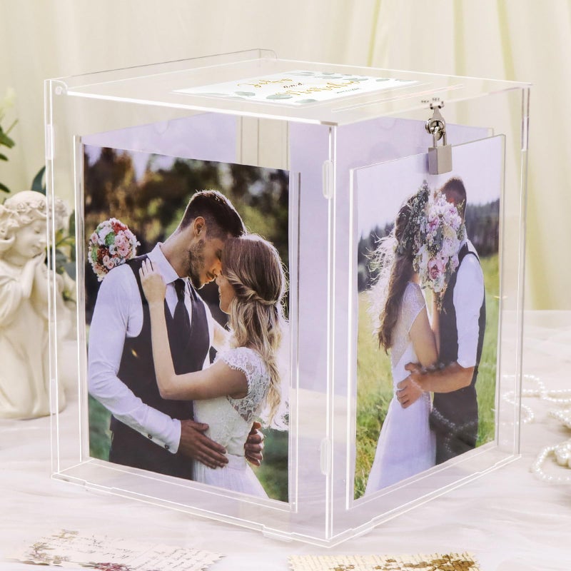 CYAOOI Acrylic Wedding Card Box with Picture Frame Clear Gift Card Box for Wedding Reception Large Rotatable Money Envelope Card Box Holder with Lock for Graduation Party Birthday Baby Shower - Image 2