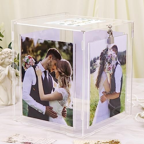 CYAOOI Acrylic Wedding Card Box with Picture Frame Clear Gift Card Box for Wedding Reception Large Rotatable Money Envelope Card Box Holder with Lock for Graduation Party Birthday Baby Shower - Image 1