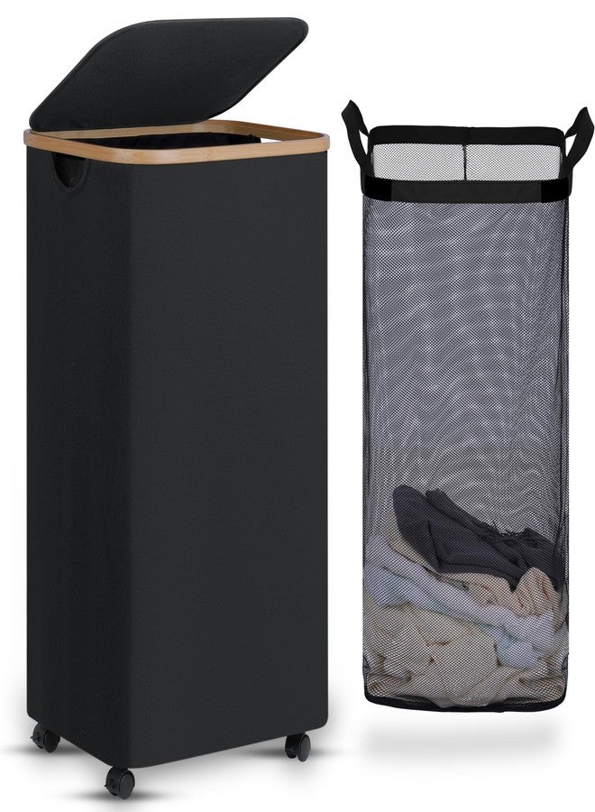 efluky Laundry Basket with Wheels, Tall Rolling Laundry Hamper with Lid and Removable Bag, Aesthetic Dirty Clothes Hamper on Wheels for Laundry Room, Bedroom, Dorm and Bathroom, 100L Black - Image 1