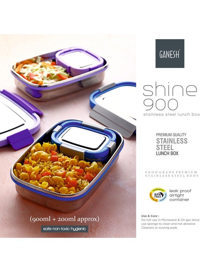 GANESH Shine Stainless Steel Airtight Leak-Proof Lunch Box for Office, School, Picnic - 900 ml - Purple - Image 3