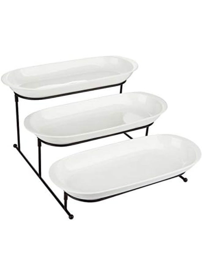 Shallow 3 Tier Porcelain Oval Plate with Stand, White, 3x40 cm - Image 1