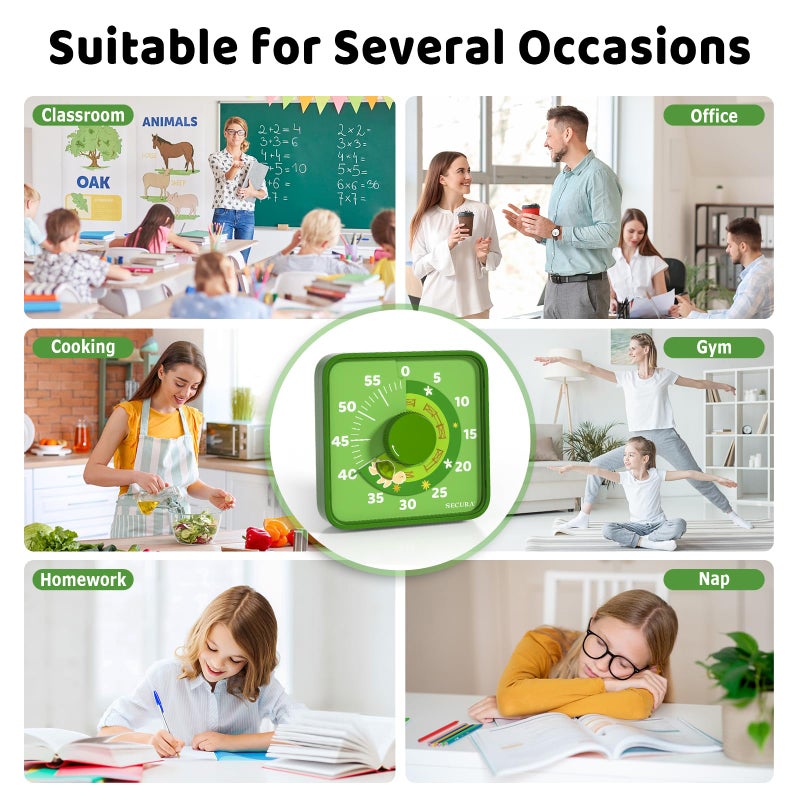 Secura 7.5-Inch Animal Pattern Visual Timer for Kids, 60-Minute Countdown Timer for Classroom or Kitchen, Durable Mechanical Timer Clock with Magnetic Backing (Green) - Image 3