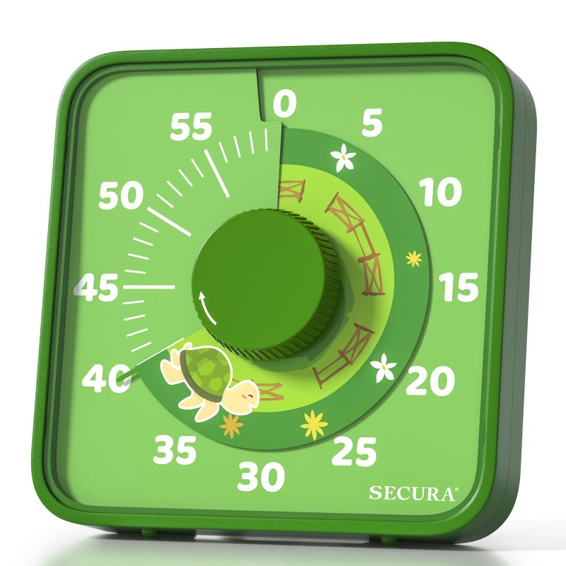 Secura 7.5-Inch Animal Pattern Visual Timer for Kids, 60-Minute Countdown Timer for Classroom or Kitchen, Durable Mechanical Timer Clock with Magnetic Backing (Green) - Image 1