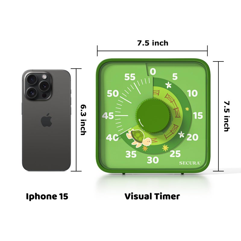 Secura 7.5-Inch Animal Pattern Visual Timer for Kids, 60-Minute Countdown Timer for Classroom or Kitchen, Durable Mechanical Timer Clock with Magnetic Backing (Green) - Image 4