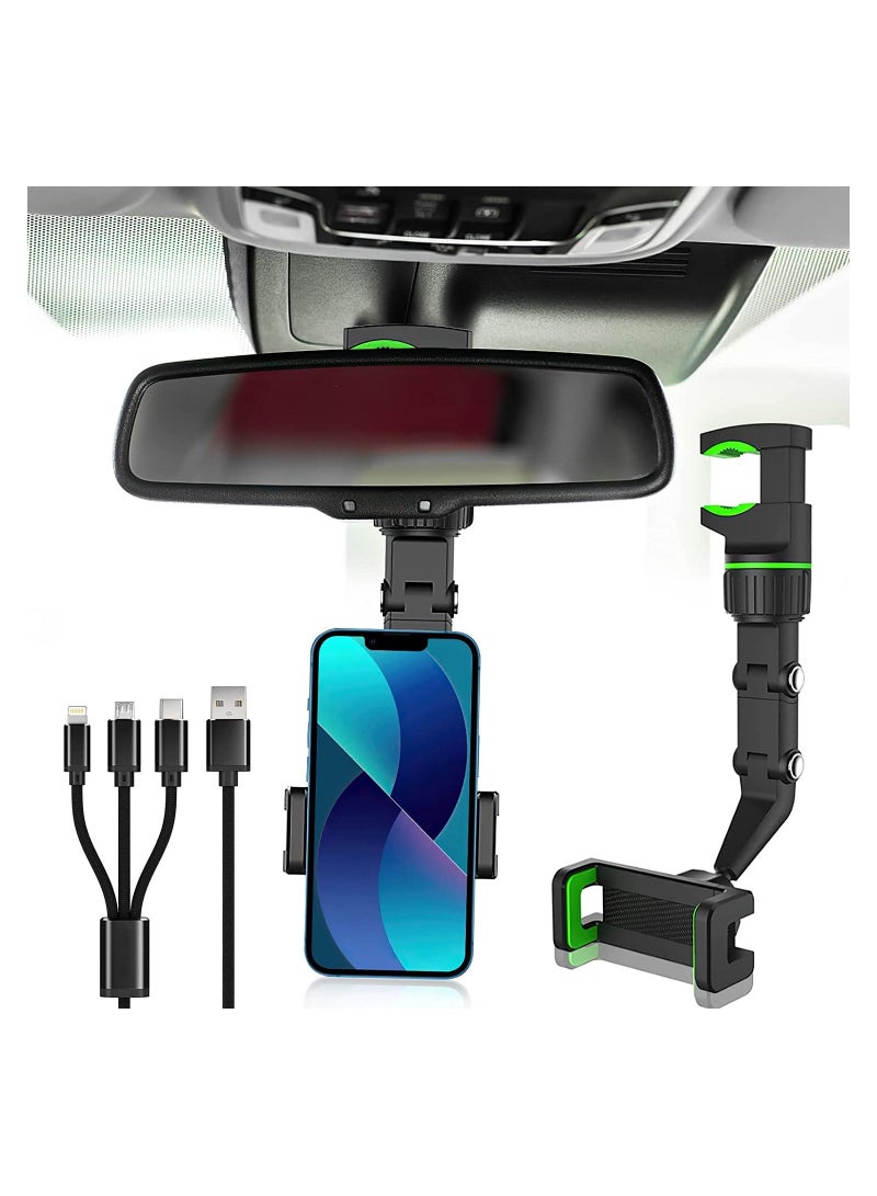 360° Rear View Mirror Phone Holder, Multifunctional Rearview Mirror Phone Holder with 3 in 1 Charging Cable - Image 1