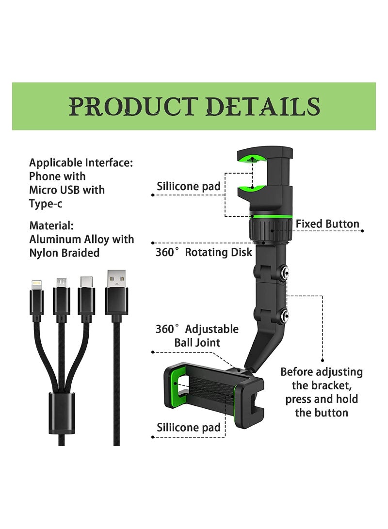 360° Rear View Mirror Phone Holder, Multifunctional Rearview Mirror Phone Holder with 3 in 1 Charging Cable - Image 4