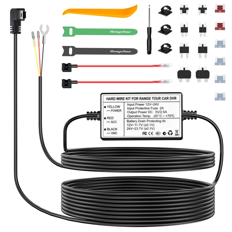 مجموعة توصيل كاميرا داش كام من رينج تور، 12V-24V إلى 5V شاحن كاميرا السيارة، 3 نوى، 4 أنواع / 8 محولات و 4 فيوزات، مجموعة توصيل ميني USB لكاميرا داش كام - Image 1