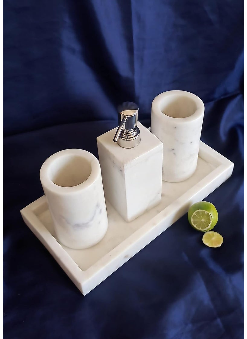 R&M - RM Marble Bathroom Accessories Set of 4 Peice | Dispenser, Tumbler, Toothbrush Holder & Tray | Accessories & Organiser for Bathroom, Living Room & Kitchen | Gifting Item | White - Image 1