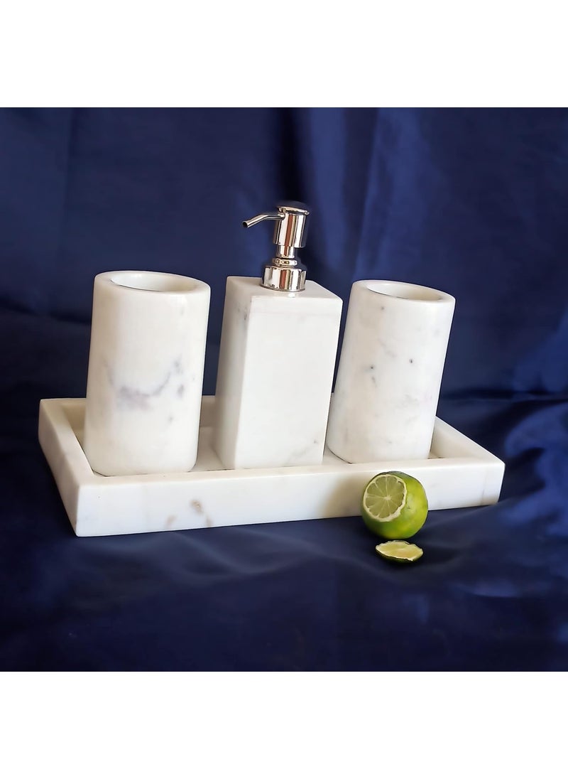R&M - RM Marble Bathroom Accessories Set of 4 Peice | Dispenser, Tumbler, Toothbrush Holder & Tray | Accessories & Organiser for Bathroom, Living Room & Kitchen | Gifting Item | White - Image 1