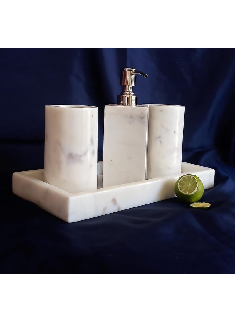 R&M - RM Marble Bathroom Accessories Set of 4 Peice | Dispenser, Tumbler, Toothbrush Holder & Tray | Accessories & Organiser for Bathroom, Living Room & Kitchen | Gifting Item | White - Image 1