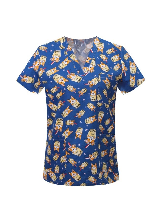 Loquat Womens Medical Scrubs Single Top Medical Uniform Single Printed Top Dog Print on Blue Background - Image 1