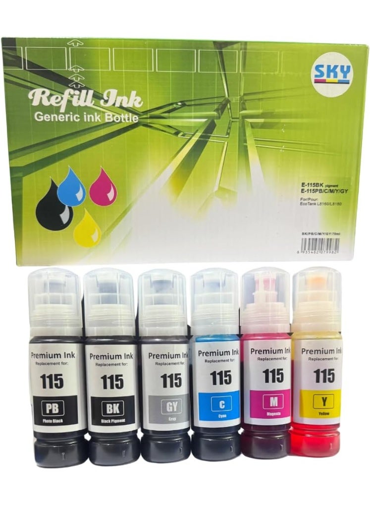 SKY 115 6-Color Ink set Compatible with Epson 115 Ink for EcoTank L8160 L8180 (6-Pack Pigment Black/Black/Cyan/Magenta/Yellow/Grey) - Image 1