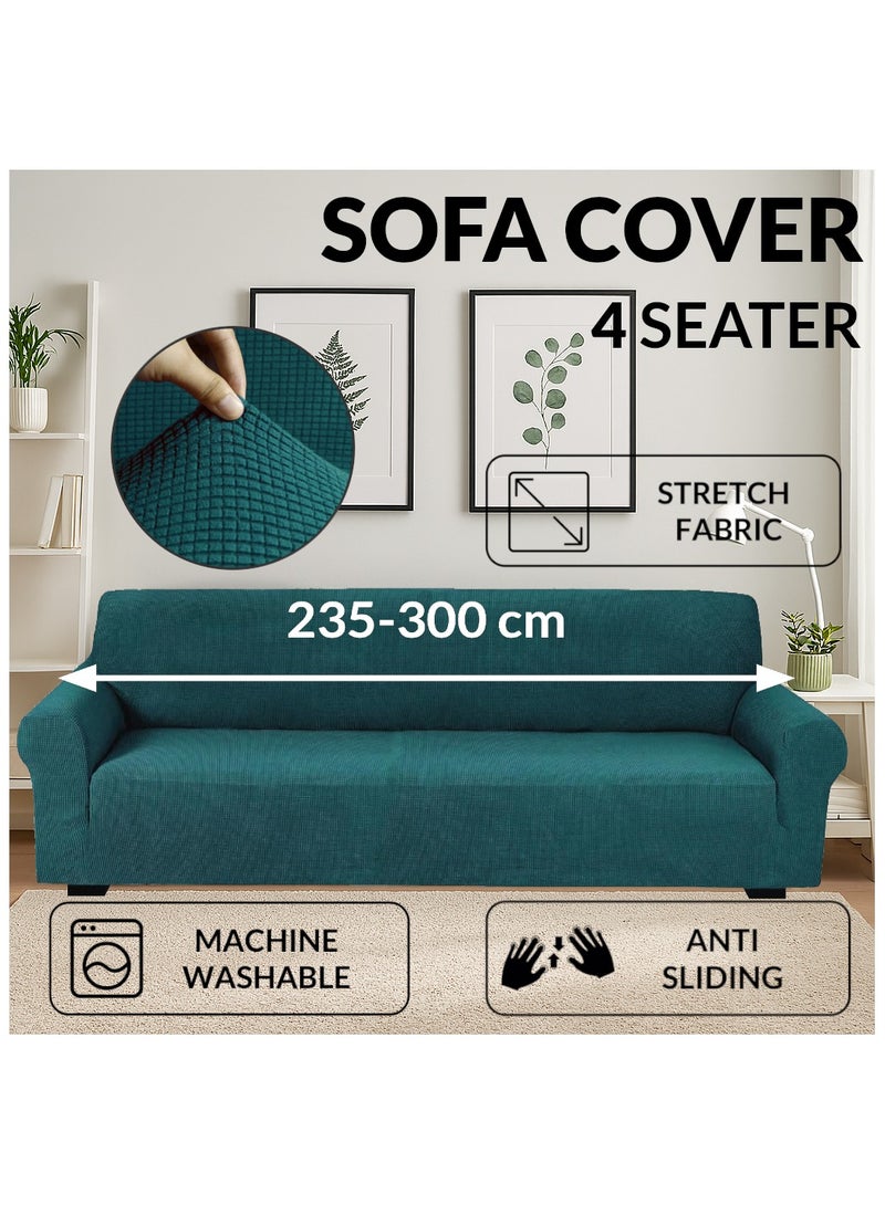 Fabienne Stretch Fit 4-Seater Sofa Cover Soft Brushed Fabric Couch Cover Exquisitely Full Coverage Furniture Protector Slipcover Four Seater Fits on Standard and Recliner Sofa 235-300cm Size Teal Green - Image 1