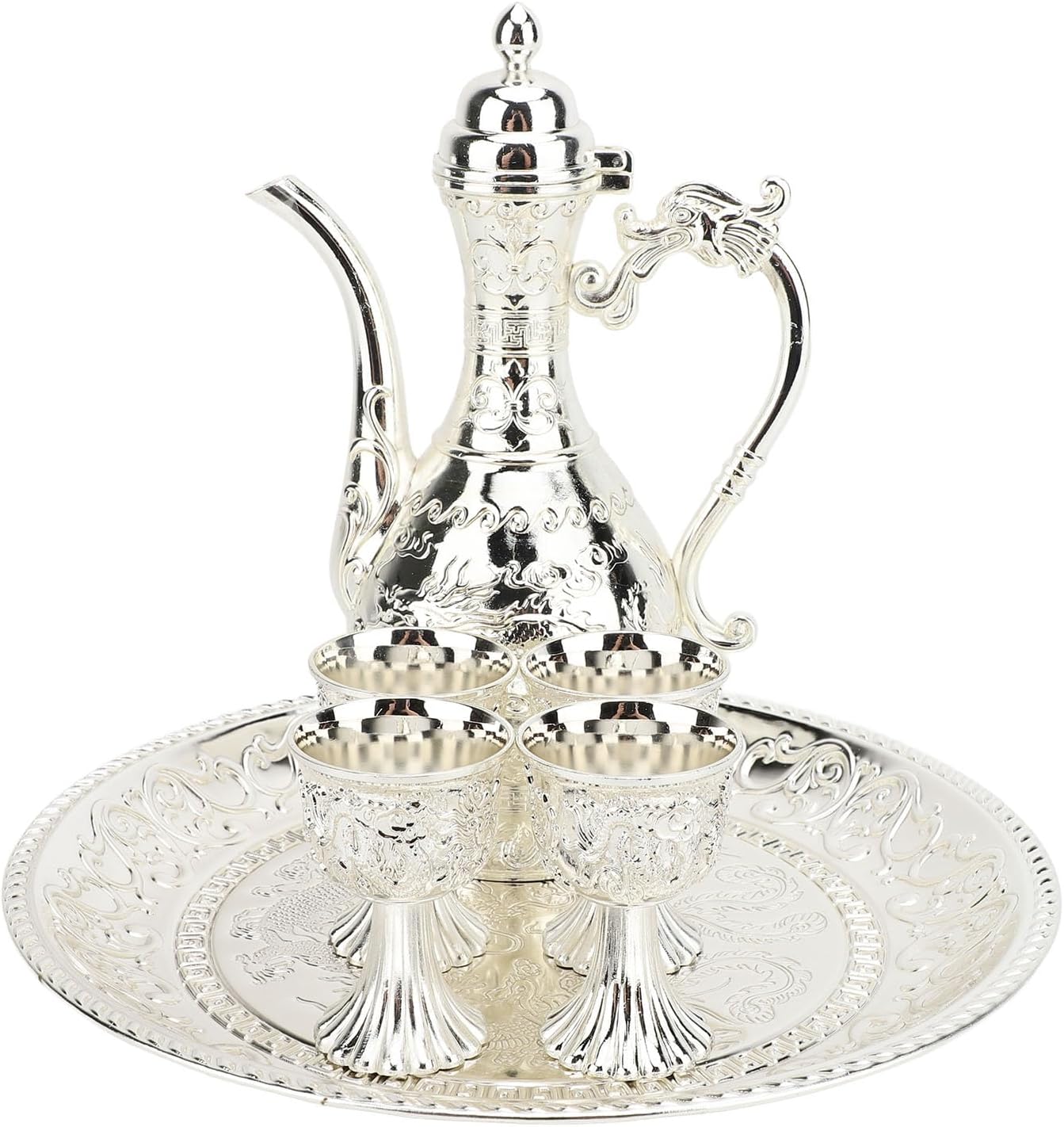 Stable domestic stock Vintage Turkish Metal Teapot Set, Practical and Exquisite Tea Tray, Set of 4 Cups for Home (Silver) Closed & open space compatible Modern color selections Light durable upgraded 