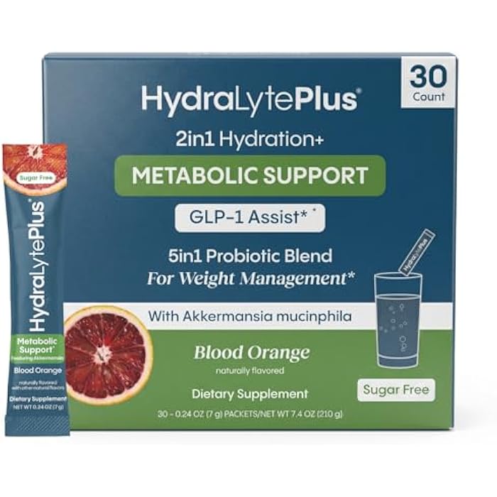 Hydralyte Plus Metabolic Support - GLP-1 Weight Loss Management and Gut Health - 5in1 Probiotic Blend - Akkermansia Muciniphila + Prebiotic Fiber + Electrolytes - Sugar Free (30 Packets) - Image 1