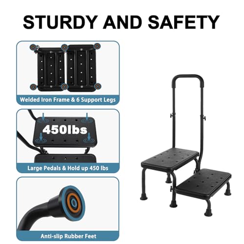 Kisworm 2 Step Stool with Handle for Elderly - Bed Steps for High Beds with Adjustable Handrail &Non-Slip Platform, Holds up to 450 lbs - Image 3