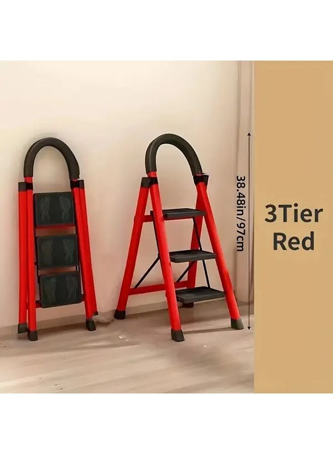 Red Two Step Folding Ladder Lightweight Portable Sturdy Metal With Anti Slip Rubber Pads - Image 3