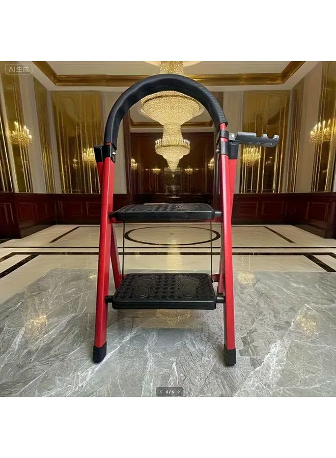 Red Two Step Folding Ladder Lightweight Portable Sturdy Metal With Anti Slip Rubber Pads - Image 1
