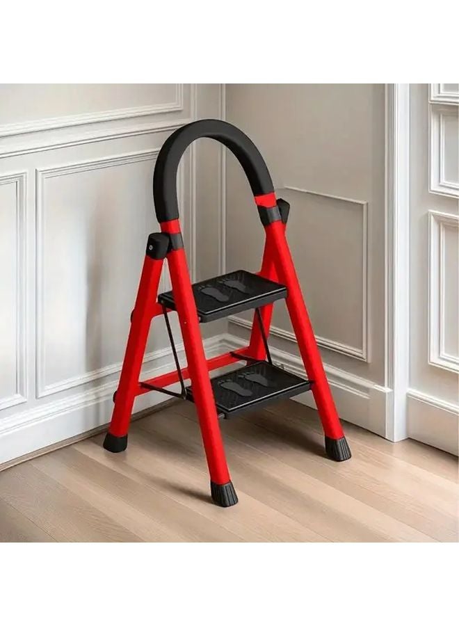Red Two Step Folding Ladder Lightweight Portable Sturdy Metal With Anti Slip Rubber Pads - Image 2
