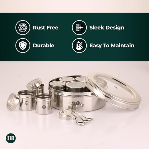 MARU 8-in-1 Stainless Steel Spice Box with See-Through Lid – Durable Masala Dabba for Kitchen Storage, Stylish Design with 8 Containers for Spices & Seasonings, Silver - Image 5