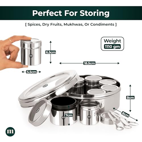 MARU 8-in-1 Stainless Steel Spice Box with See-Through Lid – Durable Masala Dabba for Kitchen Storage, Stylish Design with 8 Containers for Spices & Seasonings, Silver - Image 2