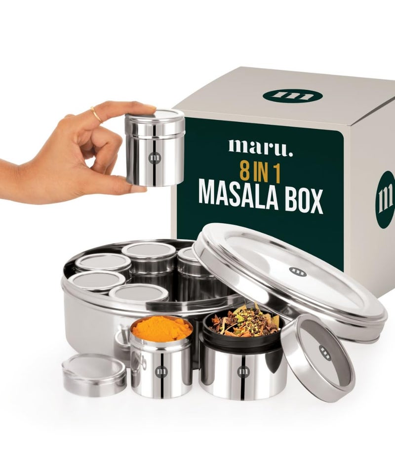 MARU 8-in-1 Stainless Steel Spice Box with See-Through Lid – Durable Masala Dabba for Kitchen Storage, Stylish Design with 8 Containers for Spices & Seasonings, Silver - Image 1