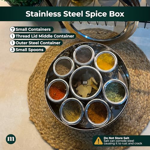 MARU 8-in-1 Stainless Steel Spice Box with See-Through Lid – Durable Masala Dabba for Kitchen Storage, Stylish Design with 8 Containers for Spices & Seasonings, Silver - Image 4